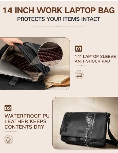 VX VONXURY Messenger Bag for Men, Pu Leather 14 Inch Laptop Briefcase Bag for Work Bussiness and School,Black - color: 14 Inch Black-all Pu Leather