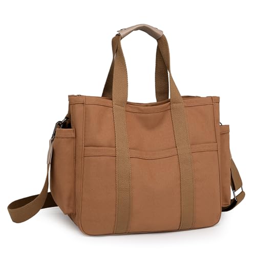 Eagerrich Canvas Crossbody Tote Bag with Multi Pockets for Women Work Large Handbags Shoulder Bag Messenger Bag Travel Purse - color: Brown