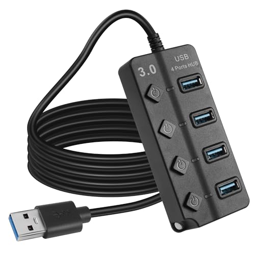 5FT 4-Port USB3.0 Expander Hub, USB 3.0 Fast Data Hub with Individual LED Power On/Off Switches, Portable USB Port Extender for PC, USB Flash Drives and More