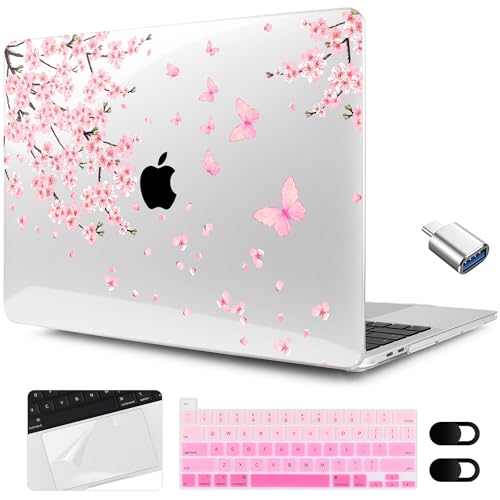 MEEgoodo for MacBook Pro Case 13 inch 2022 2021 2020 A2338 M2/M1 A2251 A2289 with Touch ID,Clear Laptop Hard Shell Cases with Keyboard Webcam Cover & Trackpad Film & Type C Adapter, Cherry Blossoms - color: Cherry Blossoms