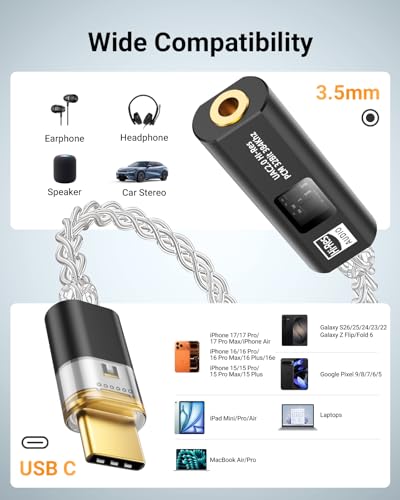 MoKo USB C to 3.5mm Jack Audio Adapter, Dual DAC Chip CX31993 & MAX97220 | Built-in HiFi Amplifier, 32bit/384KHz Hi-Res Certified, Supports In-line Controls, For Android iPhone PC Mac Switch PS5,Black - color: Black