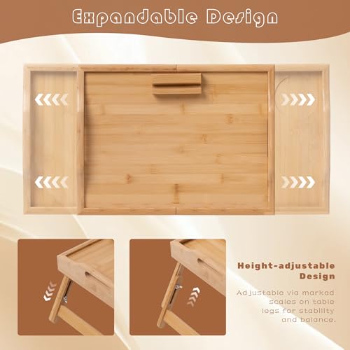 Lavievert Expandable & Height Adjustable Bed Tray Table with 360° Rotating Phone Holder, Bamboo Breakfast Food Serving Tray, Portable Laptop Desk Snack Platter with Handles & Foldable Legs for Bedroom