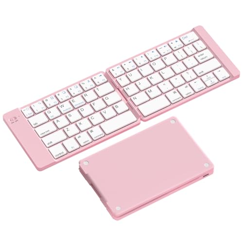 PopBloom Foldable Bluetooth Keyboard - Portable Keyboard, Rechargeable Full Size Ultra Slim Compatible iOS Android Windows Smartphone Tablet and Laptop (Only Keyboard) - color: Elegant Blue-Pink Keyboard, No Bag
