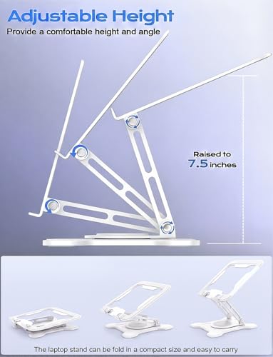 JCZT 360° Rotating Laptop Stand for Desk, Metal Foldable Laptop Riser White | Ergonomic Portable Adjustable Laptop Stand, Ventilated Cooling Notebook Holder for MacBook Air Pro, All 10-16'' Laptops - color: White