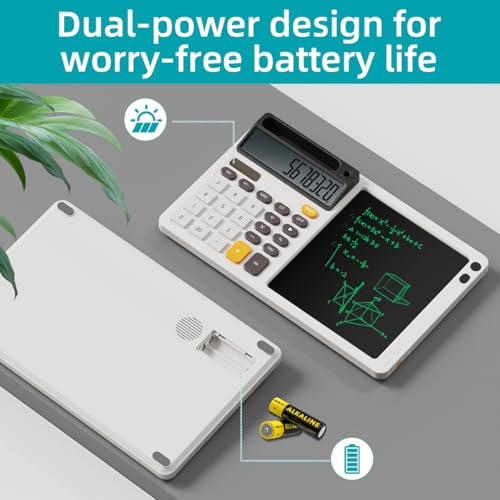 Solar Desk Calculator with 7.5 inc LCD Writing Membrane, 15° Tilt for Easy Reading, Integrated Phone Stand, Voice & Silent Modes, Anti-Slip Pads for Stability, Ideal for Office & Study Use