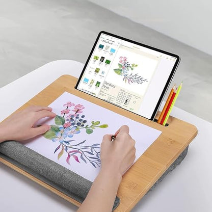 Adjustable Bamboo Lap Desk with Cushion - 5 Tilting Angles Ergonomic Laptop Bed Tray for Computers 15 inches or Less, Phone & Tablet Holder Slot, Dual Bolster for Comfort on Couch, Bed, Sofa & Car - size: 12.6" x 16.8" Angle Adjust