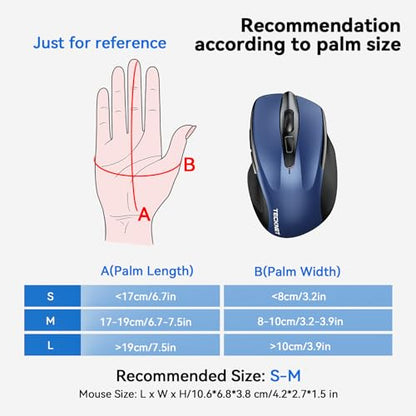 TECKNET Wireless Mouse, 2.4G Ergonomic Computer Mouse, 2600 DPI, Blue | Ergonomic Design with Side Grips, Adjustable DPI, 2-Year Battery, Compact Size, USB-A Plug & Play, Wide OS Compatibility - color: Blue