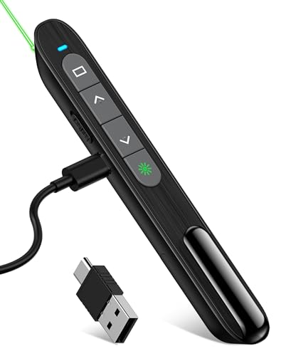 USB C Rechargeable Presentation Clicker with Green Light, Remote Clicker for Presentations Wireless Presenter Slide Changer PPT Advancer with Volume Control for Laptop Computer