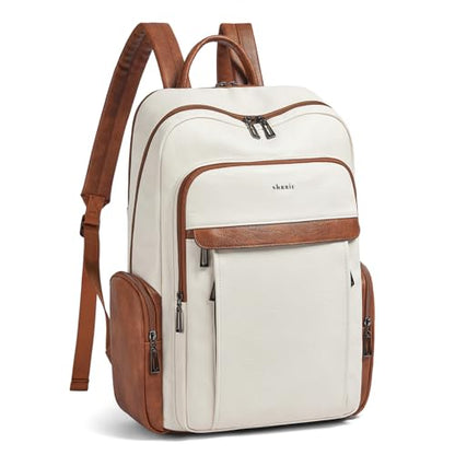 17 inch Laptop Backpack for Women, Leather Computer Backpack Purse - color: Beige