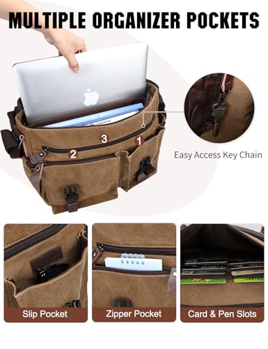 Messenger Bag for Men,Water Resistant Canvas Satchel 14 15.6 17 Inch Laptop Briefcases Business Shoulder Bag by RAVUO - color: 15.6 Inch-coffee