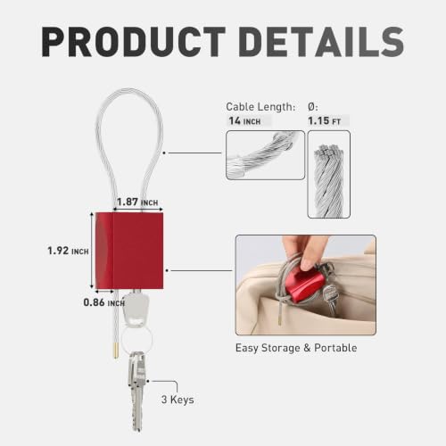 Cable Padlock Free Adjustable Lock 3 Keys, 1.15ft/0.35m Red | Steel Cable 1/6"(4mm)Diameter, Lock & Secure, Weatherproof for Bikes, Lockers, Gate, Fence, Shed, Outdoor Equipment etc - color: Red-1.15ft(0.35m)