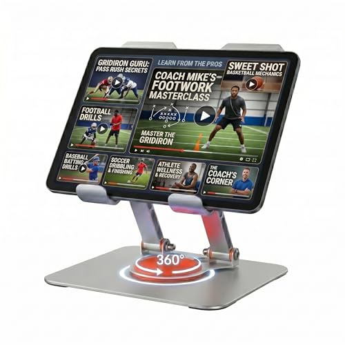 360° Swivel Tablet Stand for iPad, Adjustable Height & Angle Ergonomic Holder, Foldable Portable Desktop Mount for 4-12.9 inch Tablets & Phones, Non-Slip Base with Heat Vent - color: white