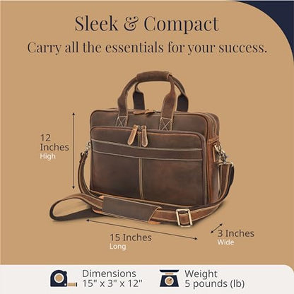 Full-Grain Leather Briefcase for Men - Laptop Bag with Leather Computer Compartment - color: Dark Brown, size: 15.6-inch