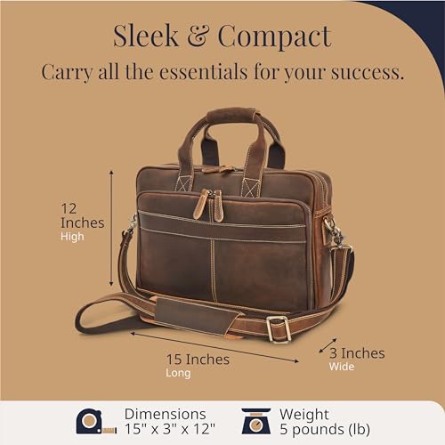 Full-Grain Leather Briefcase for Men - Laptop Bag with Leather Computer Compartment - color: Dark Brown, size: 17-inch