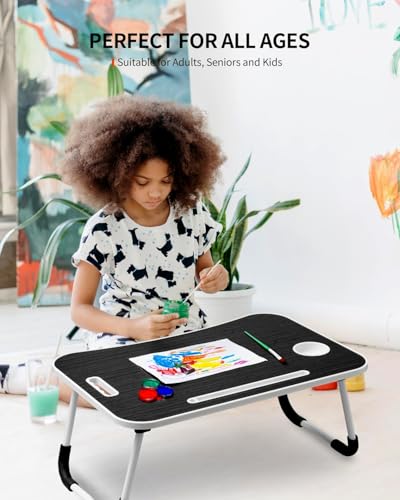 FISYOD Foldable Laptop Table, Portable Lap Desk Bed Table Tray, Laptop Stand with Cup Holder & Tablet Slot & Lifting Handle for Working Writing Drawing & Eating (Black Grain) - color: Black Grain
