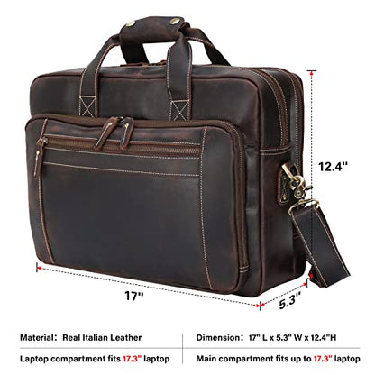 Men's Solid Thick Full Grain Leather 17.3" Laptop Briefcase Classic Messenger Bag Fit Business Travel | Solid - color: Dark Brown