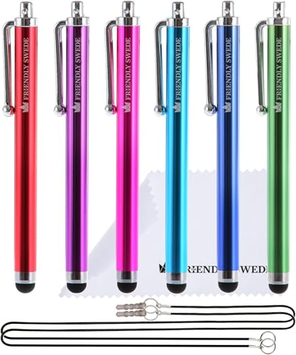 The Friendly Swede Stylus Pen for Touchscreen with Replaceable Thin Tips | Rubber Tips, 2 Elastic Lanyards, Microfiber Cleaning Cloth Incl, 6-Pack 4.5" High Precision Stylus Pen, Multicolor - color: Red/Purple/Pink/Blue/Green