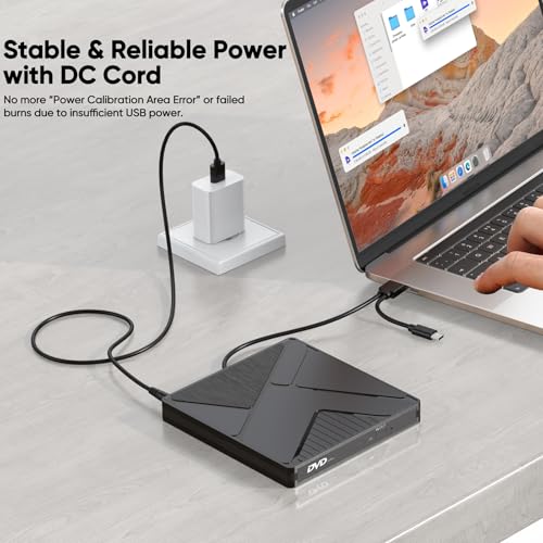 DVD Burner for Laptop, External USB 3.0 & USB C CD/DVD Drive Player Reader | with Power Supply for HP Lenovo Laptop MacBook Pro/Air/Neo mini PC, Win7/8/9/10 macOS Linux