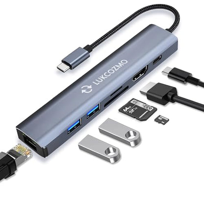 7-in-1 USB C Hub Docking Station with 4K HDMI Port & Ethernet | 4K HDMI 1G Gigabit Ethernet 100W PD Charging 2 USB 3.0 Ports SD/TF Card Reader, for MacBook/Dell/HP/Surface/Lenovo/Steam Deck - color: Dark gray