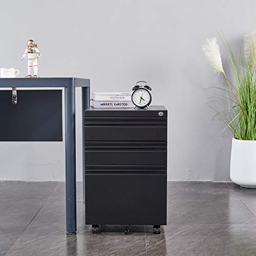 FLEXISPOT 3-Drawer Metal Mobile Filing Cabinet for Home Office - Under Desk Storage with Lock Keys - Legal/Letter/A4 File Organizer - Fully Assembled Except Wheels - Black - color: Black, style: Right Angle