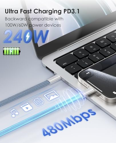 Magnetic 240W USB C to USB C Cable, Coiled USB Type C Cable Fast Charging for iPhone 15/15 Plus/15 Pro/15 Pro Max, MacOS, i-Pad Pro, Samsung Galaxy S24/S23/S22 Ultra, Switch 5FT Blue | Winding Cable Fast Charging for iPhone 17/16/15 Plus/15 Pro/15 Pro Max