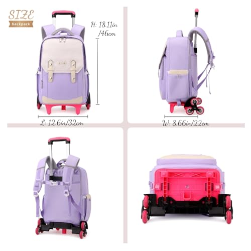 Purple Rolling Backpack for Girls Kids Roller Backpack with Wheels for Girls, Trolley School Bags for Primary Students, Kids Wheeled Bookbags on 6 Wheels, Purple - color: 6 Wheels Purple