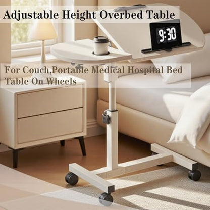 Overbed Table with Wheels Adjustable Height with Wheels Computer Workstation with Tilting Top Height Tray Side for Bedroom on Hospital Home Use