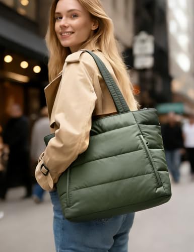 Puffer Tote Bag for Women, Nurse, Large Quilted Shoulder Bag with Cup Holder & Laptop Compartment for Work, Travel, Gym - color: Green