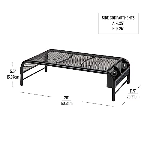 Mind Reader Monitor Stand, Ventilated Laptop Riser, Desktop Organizer, Side Storage, Metal Mesh, 20" L x 11.5" W x 5.5" H, Black (Pack of 2) - color: שחור
