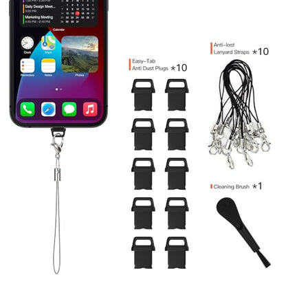 10PCS iPhone Lightning Anti Dust Plug Charging Port Dust Cover for iPhone 14/14 Pro Max, 13/13 Pro Max, 12 Pro Max, 11 Pro, X, XS, XR, 8, 7 iPad AirPods with Easy Grip Tab, Lanyard & Cleaning Brush - size: For iPhone(3 in 1)
