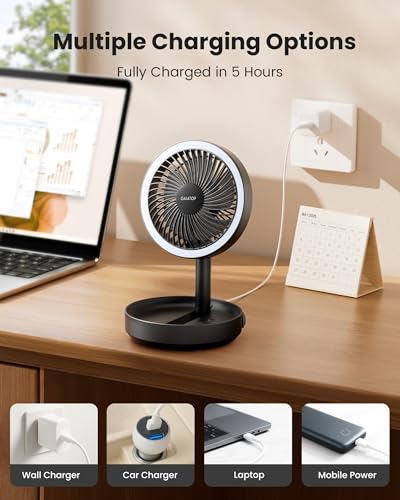 Gaiatop Foldable Desk Fan with Night Light, 6.8in Portable Travel Fan | 6000mAh Battery Powered Fan, USB Rechargeable, Bedroom Office Camping Travel & Cruise Essentials, Gifts for Women Men, Black - color: Black