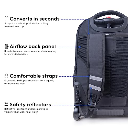 J World Sundance Laptop Rolling Backpack for Girls Boys. Roller Bookbag with Wheels, 20 Inch, Black - color: Black