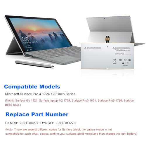TREE.NB 7.5V 38.2Wh G3HTA027H DYNR01 Laptop Battery Replacement for Microsoft Surface Pro4 Pro 4 1724 12.3 inch Tablet DYNRO1 G3HTA026H G3HTA027H - size: 8.15x3.9x0.12inch G3HTA027H