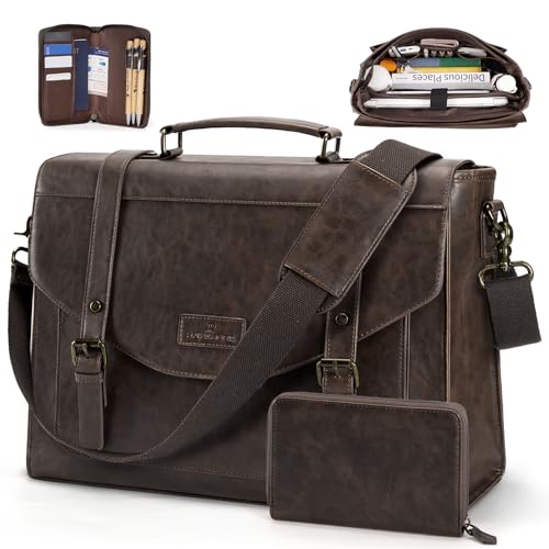 RAINSMORE Flap Messenger Bag for Men Vintage PU Leather Laptop Bag 15.6 Inch Retro Briefcase with Wallet Satchel Computer Bag - color: Coffee