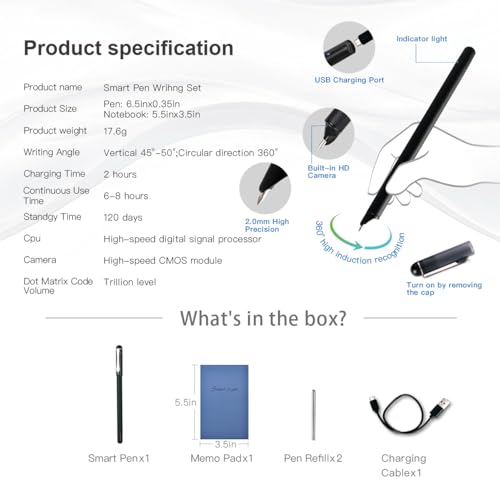 Smart Pen+Mini notebok, Digital Pen Real-time Sync for Digitizing, Storing, and Sharing Notes, Ideal Smart Pen for Note Taking, Drawing, Classroom, Offices, Compatible with Android and iOS