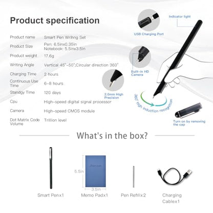 Smart Pen+Mini notebok, Digital Pen Real-time Sync for Digitizing, Storing, and Sharing Notes, Ideal Smart Pen for Note Taking, Drawing, Classroom, Offices, Compatible with Android and iOS