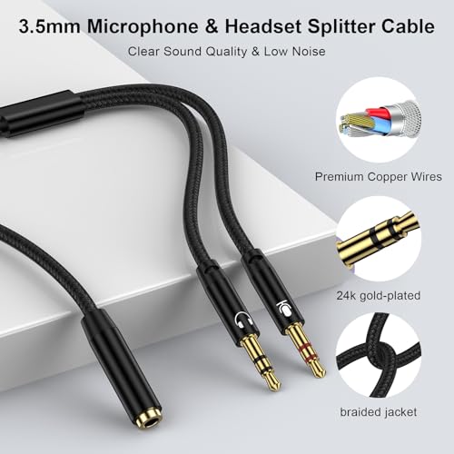 Headphone Splitter Cable for PC,3.5mm Female to 2 Dual Male Headphone Braided Audio Splitter Cable,Separate Audio Stereo Jack Microphone Headphone Port for Gaming Headset to PC Laptop Adapter - color: Black