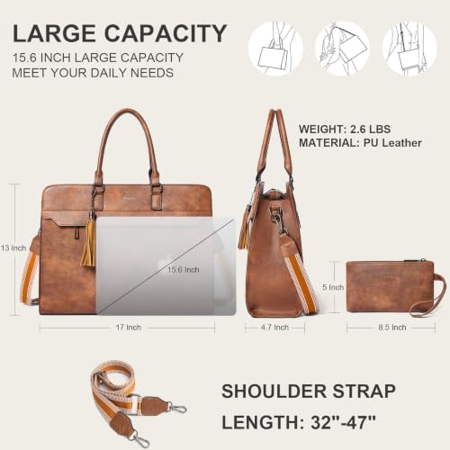 15.6 Inch Laptop Tote Bag with Clutch Purse for Women | Water-Resistant Vegan Leather Computer Briefcase with Satchel Purse,Professional Business Tote,Casual Handbag,Work Office - color: Two-toned Brown