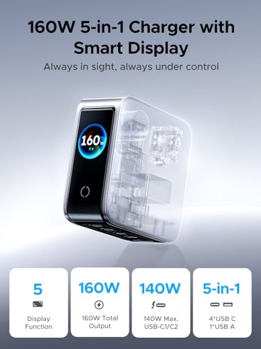 UGREEN Nexode Pro Charger, 160W GaN 5-Port Fast USB C Wall Charger Block, Type-C Charging with Smart Display & Touch Control Compatible for MacBook Pro/Air, iPhone 17/16 Series, iPad, Galaxy
