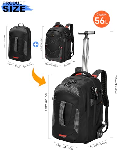 2-in-1 Detachable Backpack with wheels,56L Large rolling backpack-Splits into Daypack & Laptop Backpack Fits 17 Inch Laptop,Water Resistant Luggage suitcase,Air Travel,Weekend Trips - color: Black