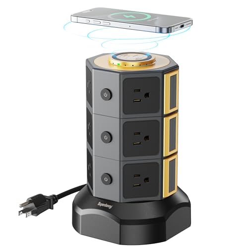 Power Strip Tower, SUPERDANNY Surge Protector Tower with 15W Wireless Charger, 1050J, 13A Charging Station with 12 AC Outlets & 6 USB Ports (2 USB C), 6.5ft Extension Cord for Home Office Dorm, Gold - color: Gold, size: 12AC+4USB-A+2USB-C | 6.5 ft | 15 W