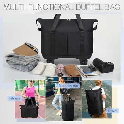 VOOWO Duffel Bag with Wheels - Rolling Foldable Expandable Duffle Bag with Wheels for Travel, Rolling Luggage Bag Carry On Travel Bag with Wheels, Large Wheeled Overnight Weekender Bag (Black) - color: Black