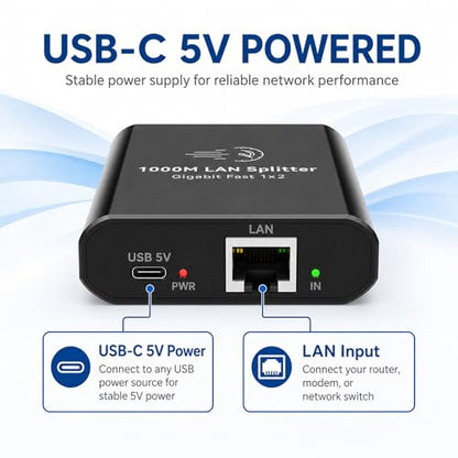 Ethernet Splitter 1 to 2 Mini Gigabit Internet Switch 1 in 2 Out LAN and RJ45 Port Splitter High Speed Network Adapter for 5/5e/6/7/8 with USB c Power Cable