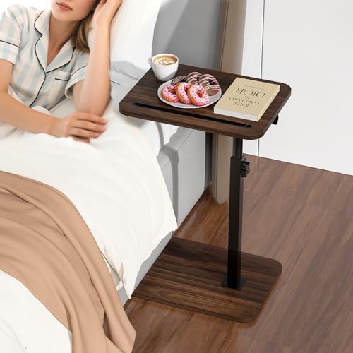 Side Table Sofa Tray for Couch - 360° Swivel Adjustable Height Rotating Sofa Table C Table End Table Laptop Desk with Phone & Tablet Slot, Perfect for Eating Working Reading, Fits Small Spaces - color: Brown