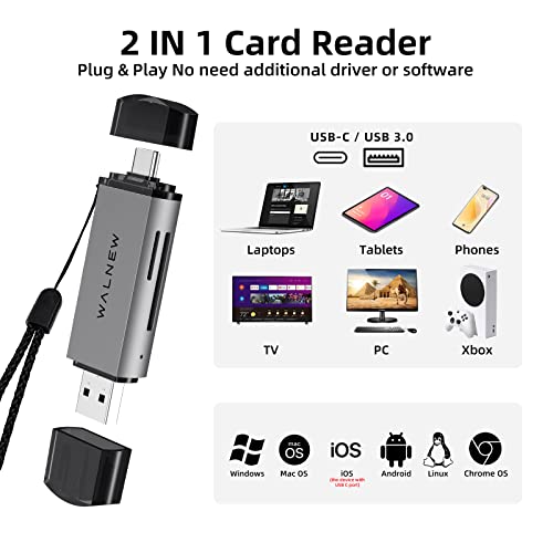WALNEW SD Card Reader, USB 3.0 & USB-C SD/TF Memory Card Adapter | Supports UHS-I SD/SDHC/SDXC/MicroSD, Compatible with MacBook, PC, iPad, iPhone 15, Samsung Galaxy Android - color: Gray