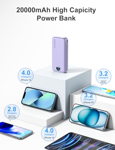 20000mAh Ultra Portable Charger Power Bank with inBuilt Cables&AC Wall Plug | PD20W USB-C Fast Charging Cell Phone Charger Battery Pack,LED Display Travel Battery Bank for All iPhone,Samsung,Android - color: Purple-20Ah