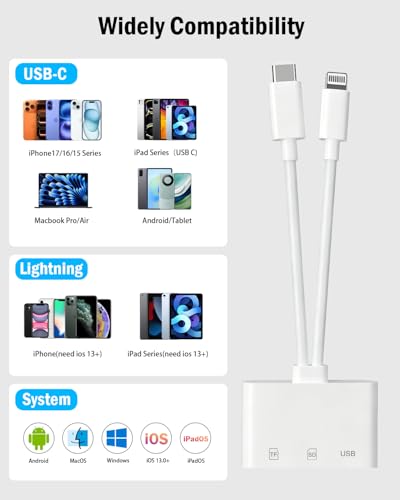 SD Card Reader for iPhone and iPad, USB C & Lightning Dual Slot Adapter | USB 3.0 SD/TF Card Reader for Fast Photo and Video Transfer from Cameras; No App Required, Compact Plug-and-Play Design. - color: white