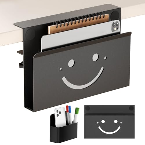 Onemake Desk Side Storage, Funny Smile No Drill Laptop Holder, Clamp on Desks Shelf with Magnetic Pen Holder, Hanging Desk Organizer for Home Office, Fits Flat Edge Tables 0.4" to 2.3" - color: Black-1 Tier-Smile, size: 1 Tier