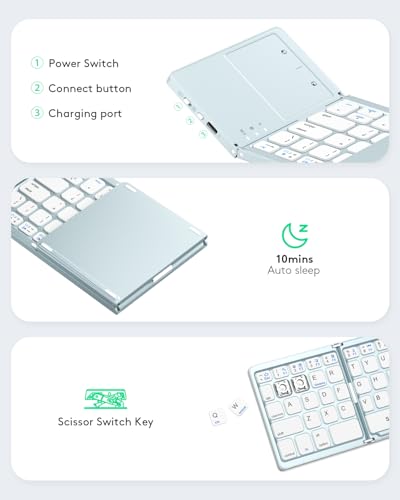 Samsers Foldable Bluetooth Keyboard with Touchpad, Ultra Slim Compact, Blue | Multi-touch Trackpad, Full Size, Phone Holder, USB-C Charging, 1 Device, for Android Windows iOS Mac OS, Mobile Productivity - color: Sky Blue, size: 1-Device