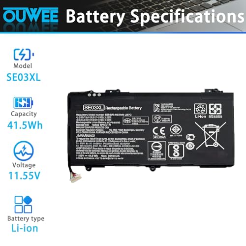 SE03XL Laptop Battery Compatible with HP Pavilion 14 14-AL000 14-AL125TX 14-AL136TX Series SE03041XL HSTNN-LB7G HSTNN-UB6Z TPN-Q171 849568-421 849568-541 849908-850 11.55V 41.5Wh 3615mAh - size: 7.2*3.9*0.25 inch SE03XL